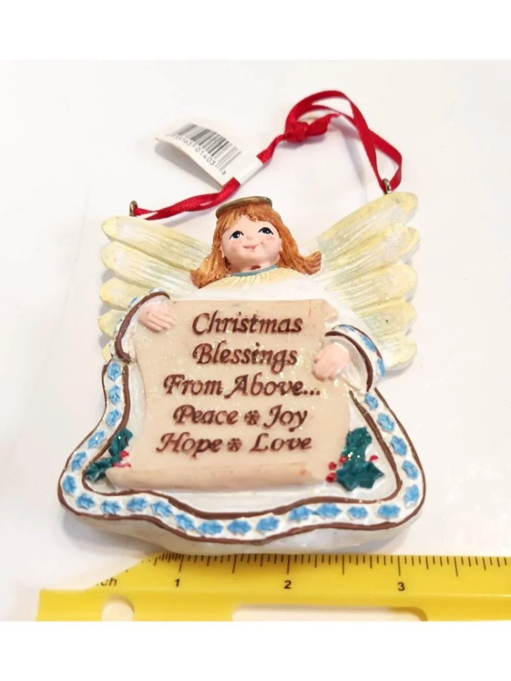 Christmas Angel Ornament With Blessings Scroll & Red Ribbon 4.5
